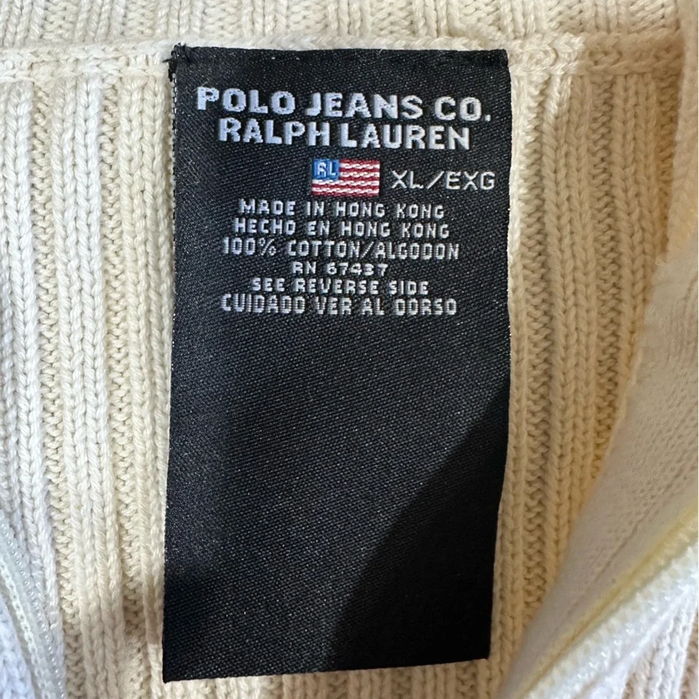 VTG Ralph Lauren Polo Jeans Co Men's Knit Sweater Full Zip Front XL Cream Blue